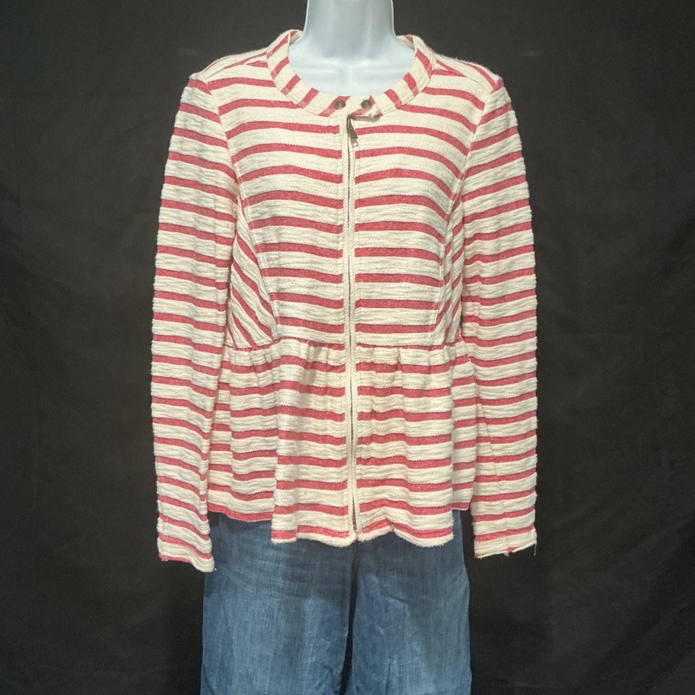 Free People Jacket Small Red Striped Textured Peplum Full Zip Snap‎ Moto